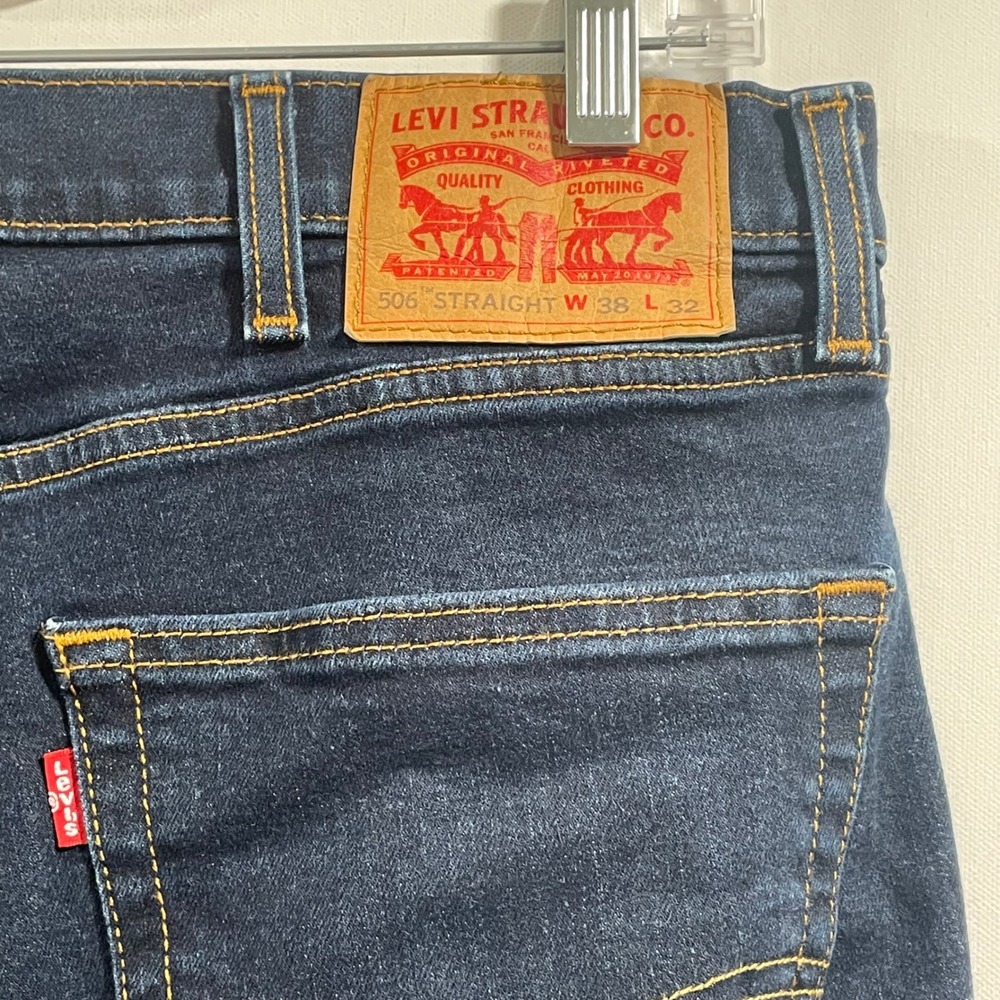Levis 506 Straight Leg Jeans Mens 38x32 Dark Indigo Blue Stretch Denim Pants - Picture 6 of 8